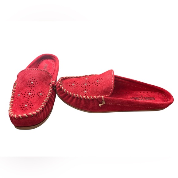 Minnetonka Red Suede Driving Moccasins | Size 8 | Pearl-Studded Slip-On Loafers - Picture 2 of 8